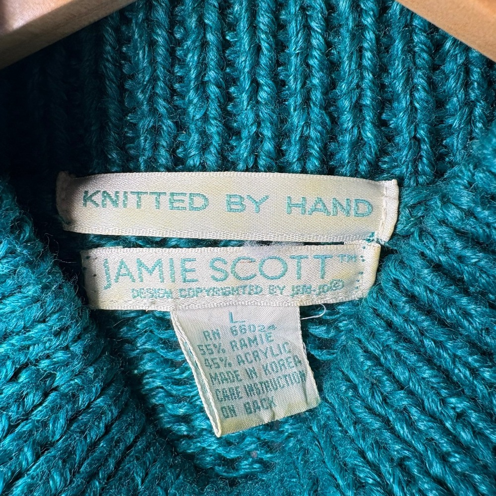 Vintage Jamie Scott Hand Knit Teal Fair Isle Sweater Mock Neck Heavy Ramie Large - Picture 5 of 9